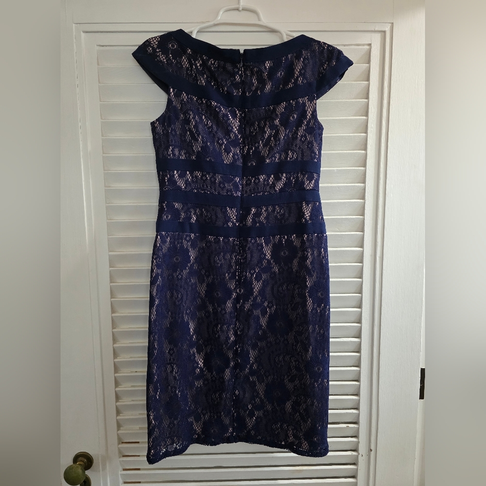 Adrianna Papell Navy Blue Lace Sheath Dress, 6 - Picture 3 of 4
